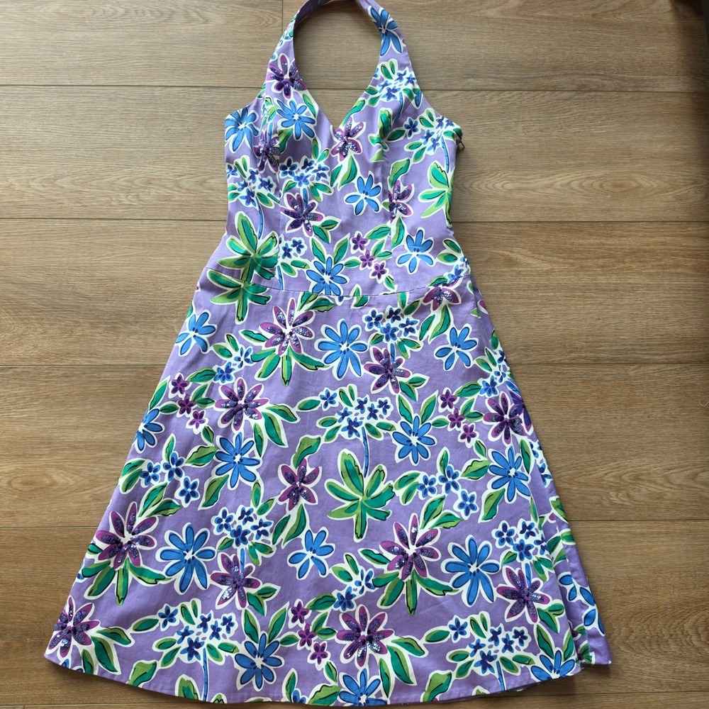 Spenser Jeremy Purple Floral Halter Dress, Sequin Accents, Size 6, Cotton Blend